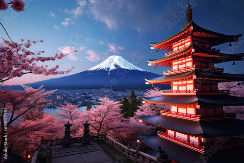 Castle with cherry trees and Mount Fuji on background