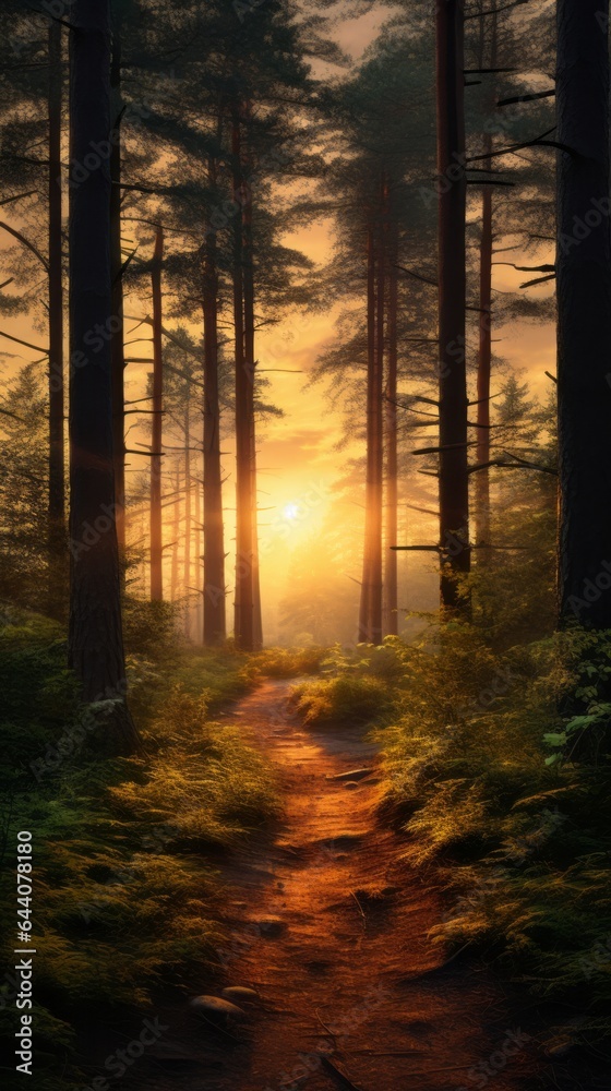 Obraz premium A path through a forest with the sun shining through the trees