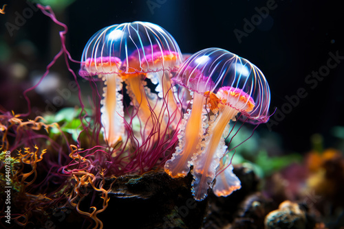 Dangerous poisonous bright glowing jellyfish on a coral reef
