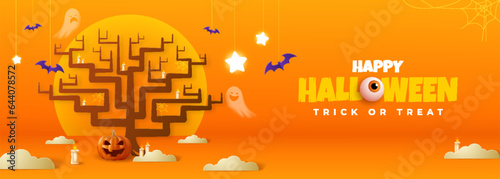Orange background Halloween banner template, ghostly pumpkin, and spooky elements. Perfect as website background or Halloween themed banner design.