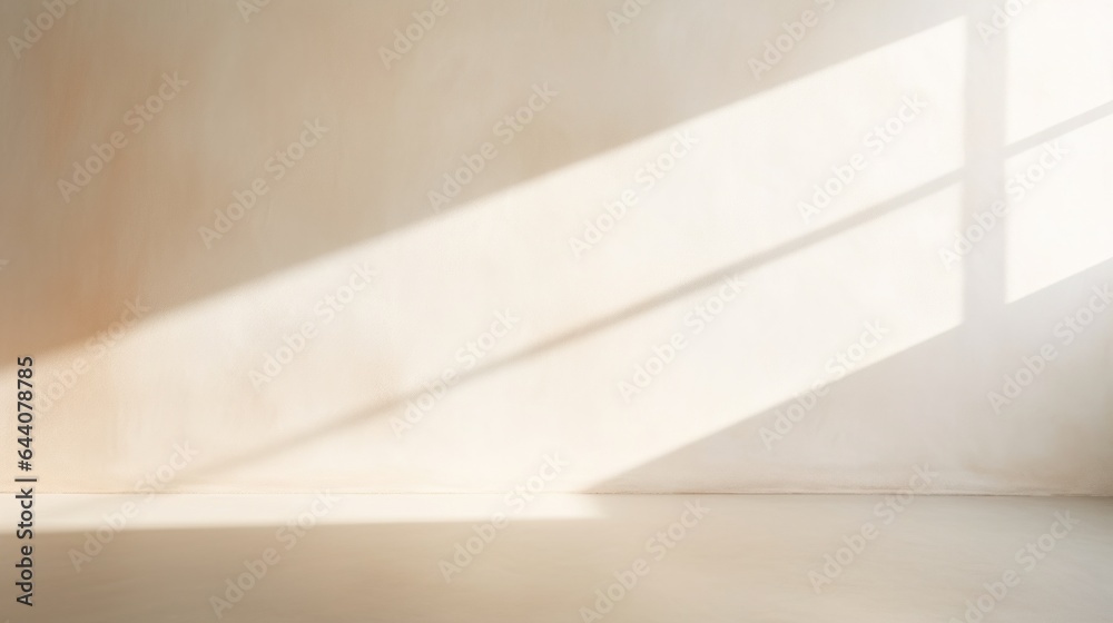 Sunlight on a gray wall, sunbeams in a room, sunny day scene for product presentation. Shadows for natural light effects. Minimalist interior.