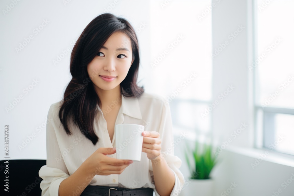 An Asian woman holding a white cup in her hands while collaborating with colleagues in a modern office An Asian woman holding a white cup in her hands while collaborating with colleagues in a modern office