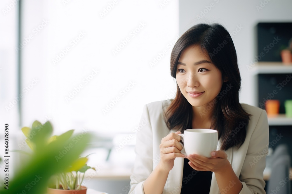 An Asian woman holding a white cup in her hands while collaborating with colleagues in a modern office An Asian woman holding a white cup in her hands while collaborating with colleagues in a modern office
