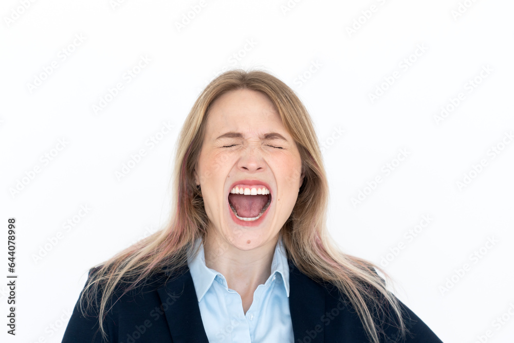 Close up portrait of hysterical business woman screaming isolated on white background Close up portrait of hysterical business woman screaming isolated on white background