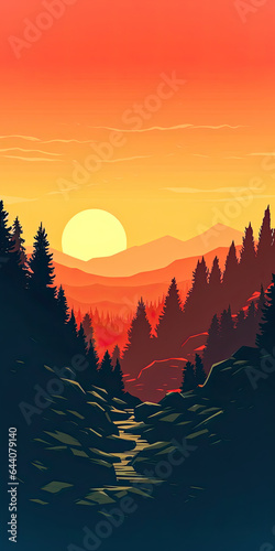 Mountain Sunset in Graphic Style,sunset in the mountains