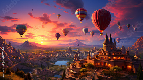 Sunset in the mountains with hot air balloons drifting above a village