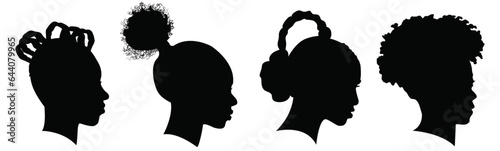 Silhouettes of African American women part 7, profile with hair style contour on white background. Vector illustration.