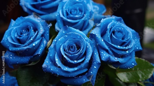 Blue roses with water drops on the petals, close-up. Mother's day concept with a space for a text. Valentine day concept with a copy space.