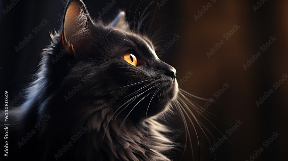 Black cat side profile portrait yellow eyes. Concept of Feline elegance, cat's side view, pet portrait, captivating yellow eyes, cat's gaze, animal photography.