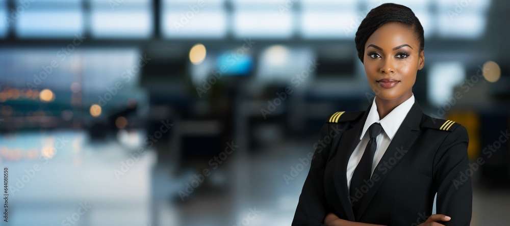 Confident African American female airline pilot in uniform in airport background, professional flying company wallpaper, Horizontal format 9:4 - obrazy, fototapety, plakaty 