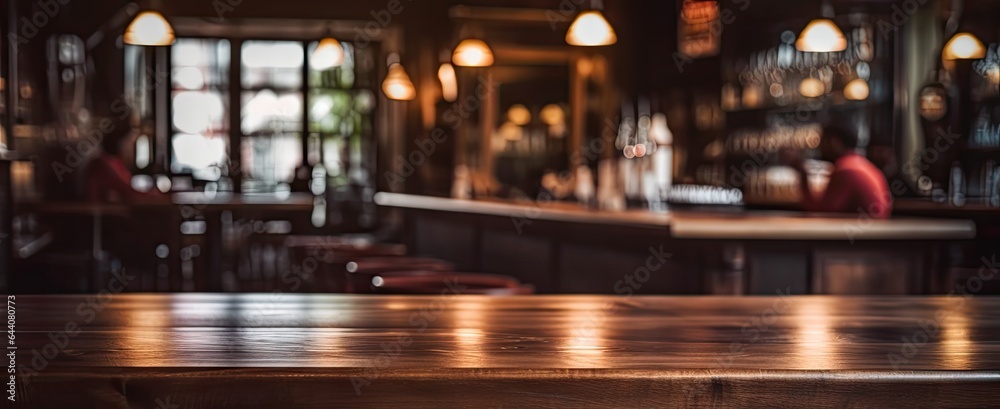 Empty wooden table in cozy pub. Bar vibes. Vintage counter in soft bokeh. Cafe ambiance. Abstract tabletop with bokeh lights