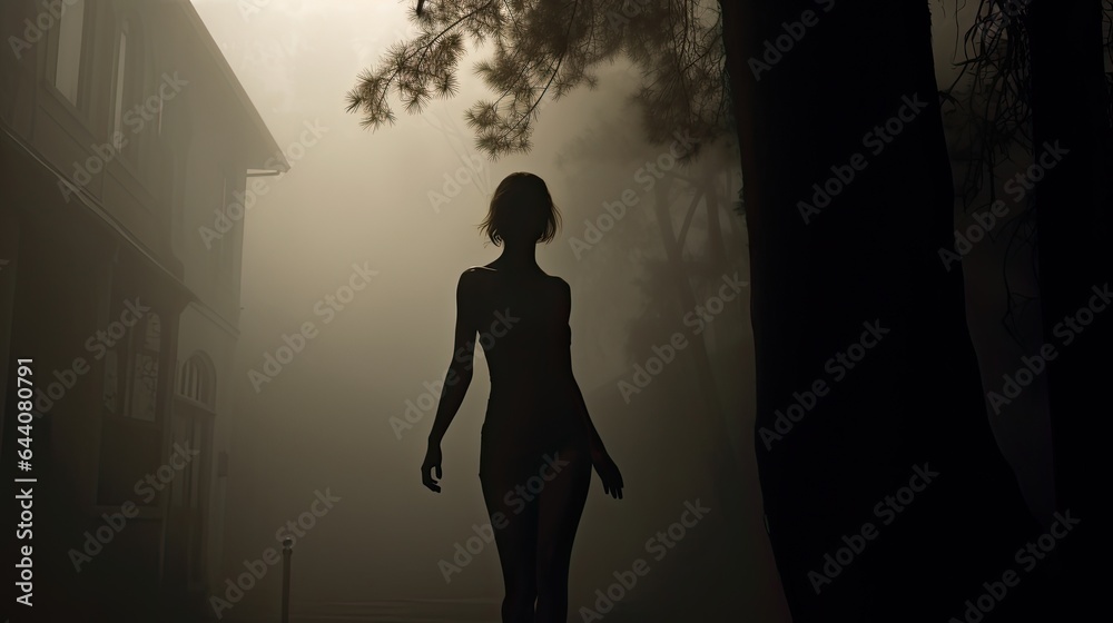 Model amidst fog under a streetlight, representing the unclear path of morality