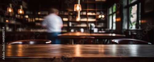 Empty wooden table in cozy pub. Bar vibes. Vintage counter in soft bokeh. Cafe ambiance. Abstract tabletop with bokeh lights