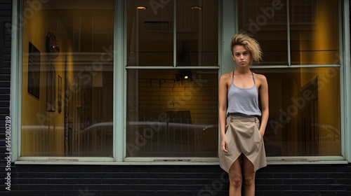 Model against a shuttered storefront, epitomizing dreams deferred in a world of broken promises