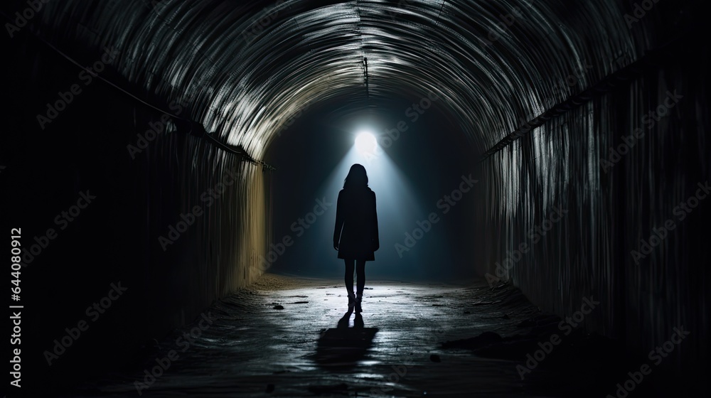 Model silhouetted in a dimly lit tunnel, epitomizing the journey through moral ambiguity