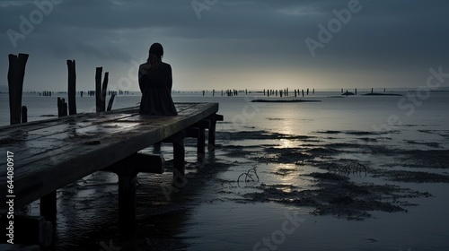 Model sitting on a neglected pier, gazing over dark waters with an air of resignation