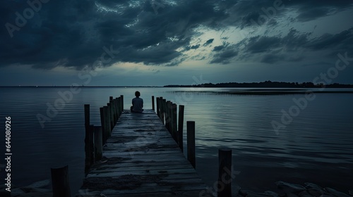 Model sitting on a neglected pier, gazing over dark waters with an air of resignation