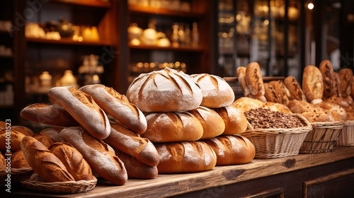 Within the cozy bakery, a delightful array of diverse bread loaves graces the shelves, tempting the senses. photo