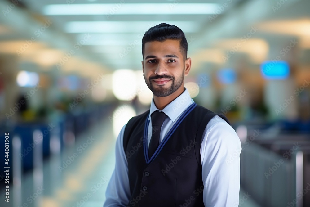 Fototapeta premium Smiling Arab muslim male boarding agent in uniform in an airport background, professional flying company wallpaper, Horizontal format 3:2