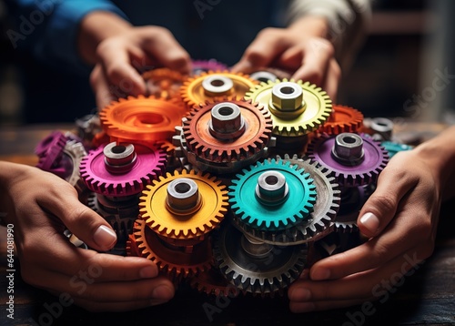 A group of people working in an office assembling gears. The concept of teamwork and togetherness.