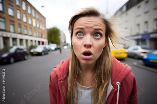 A young girl being confused or surprised, shot in an urban environment, emotions or moods concept. Generative AI © Mihai Zaharia