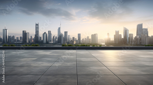 Sunrise illuminates a 3D-style cityscape, featuring a modern building exterior, with an empty cement floor and steel pavement in the foreground © ckybe