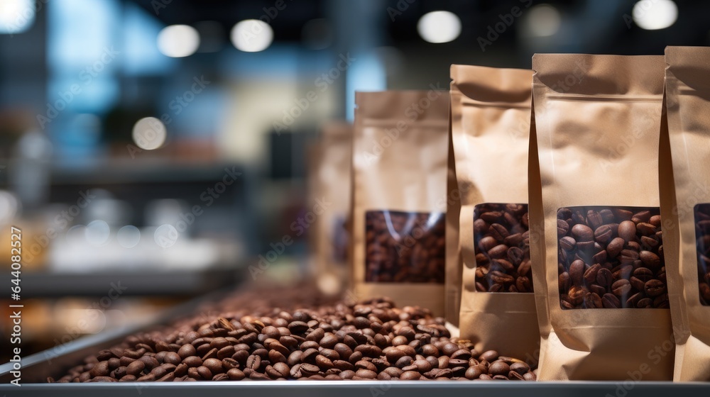 Bags of coffee beans in supermarket - obrazy, fototapety, plakaty 