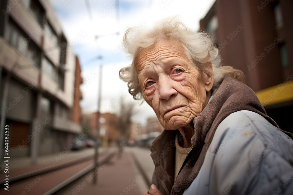 An old woman being focused, shot in an urban environment, emotions or moods concept. Generative AI An old woman being focused, shot in an urban environment, emotions or moods concept. Generative AI
