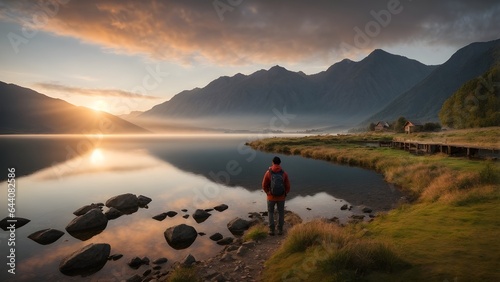 Man at dawn by the lake