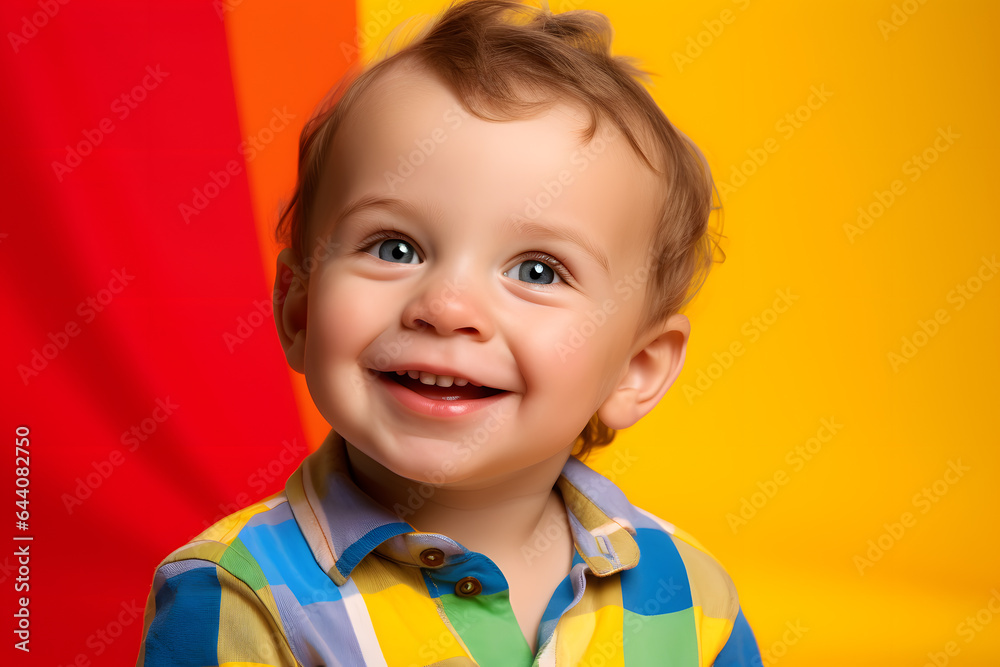 Studio portrait of a little boy smiling, isolated on colorful background. Kids emotions or moods concept. Generative AI Studio portrait of a little boy smiling, isolated on colorful background. Kids emotions or moods concept. Generative AI