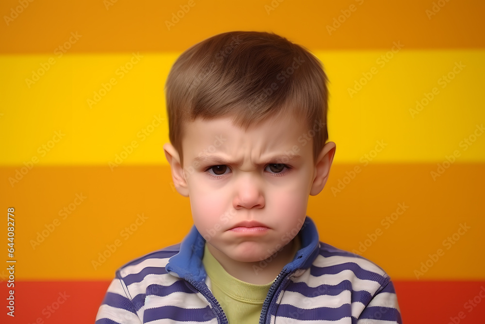 Studio portrait of a little boy being suspicious, isolated on colorful background. Kids emotions or moods concept. Generative AI Studio portrait of a little boy being suspicious, isolated on colorful background. Kids emotions or moods concept. Generative AI