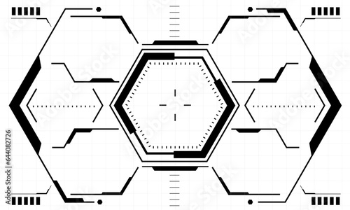 HUD sci-fi interface screen view black hexagon geometric on white design virtual reality futuristic technology creative display vector