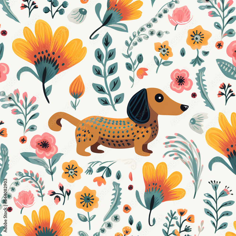 Obraz premium Image of pattern design using dachshund dog and flowers and leaves. Pet. Animals. Illustration, Generative AI.