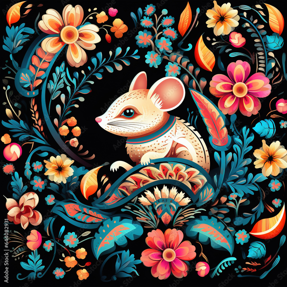 Obraz premium Image of pattern design using rat and flowers and leaves. Wildlife Animals. Illustration, Generative AI.