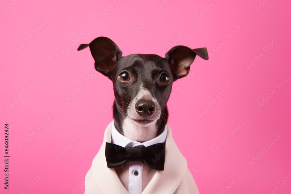 Studio portrait photography of a smiling italian greyhound dog wearing a tuxedo against a hot pink background. With generative AI technology