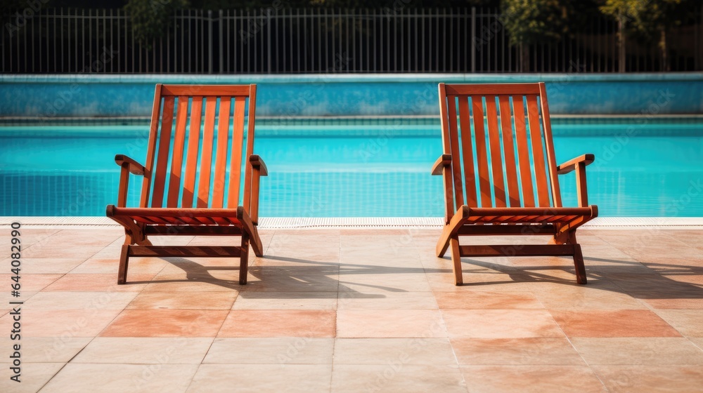 Two empty deck chairs in front of a large pool. Generative AI