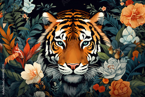 Image of pattern design using tiger face and flowers and leaves. Wildlife Animals. Illustration  Generative AI.