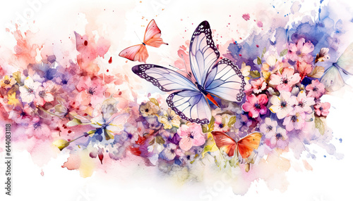 Fototapeta Naklejka Na Ścianę i Meble -  A Colorful Garden: A Digital Art Illustration,flowers and butterflies,abstract watercolor background,butterflies and flowers