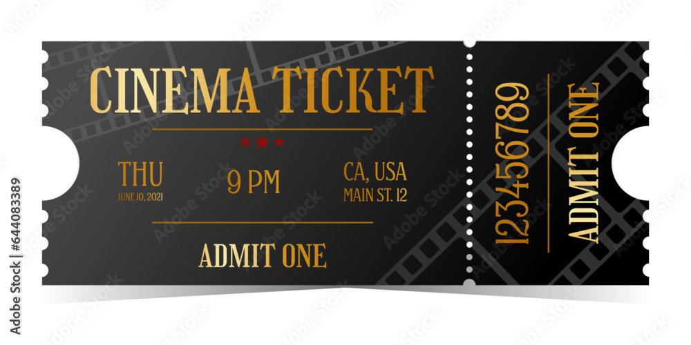 Cinema entry black ticket with gold in old style. Admit one