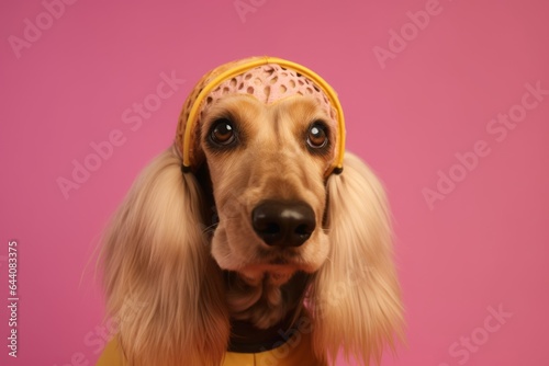 Headshot portrait photography of a cute afghan hound dog wearing a bee costume against a dusty rose background. With generative AI technology
