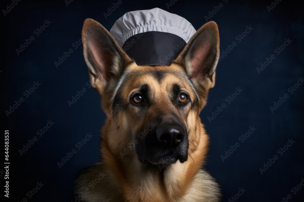 Medium shot portrait photography of a tired german shepherd wearing a chef hat against a navy blue background. With generative AI technology