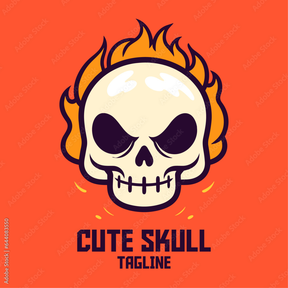 Flaming Skull: Vector Cute Cartoon with Fire Icon Illustration for Holiday Object Concept Isolated Flat Design
