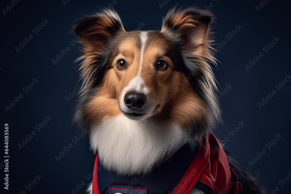 Close-up portrait photography of a bored shetland sheepdog wearing a training vest against a navy blue background. With generative AI technology