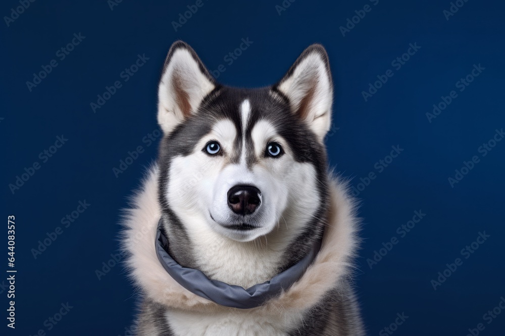 Headshot portrait photography of a happy siberian husky wearing a sherpa coat against a navy blue background. With generative AI technology