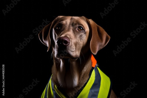 Photography in the style of pensive portraiture of a happy labrador retriever wearing a safety vest against a navy blue background. With generative AI technology © Markus Schröder
