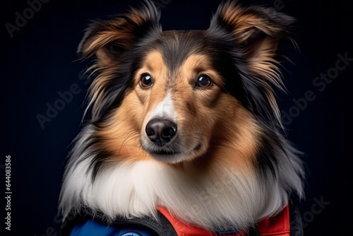 Close-up portrait photography of a bored shetland sheepdog wearing a training vest against a navy blue background. With generative AI technology