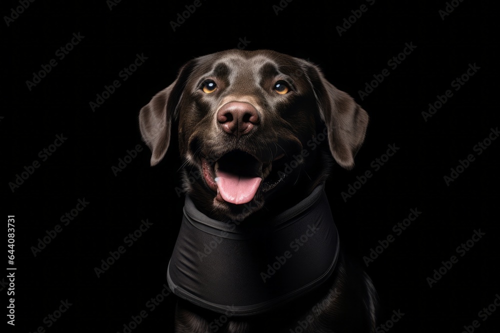 Conceptual portrait photography of a smiling labrador retriever wearing an anxiety wrap against a matte black background. With generative AI technology