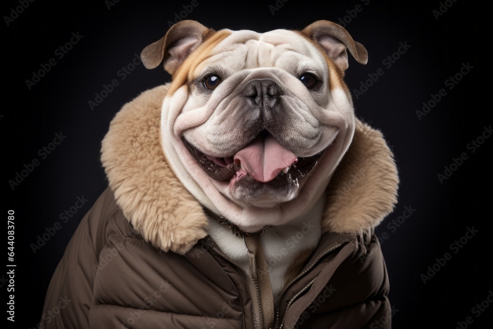 Medium shot portrait photography of a happy bulldog wearing a sherpa coat against a matte black background. With generative AI technology