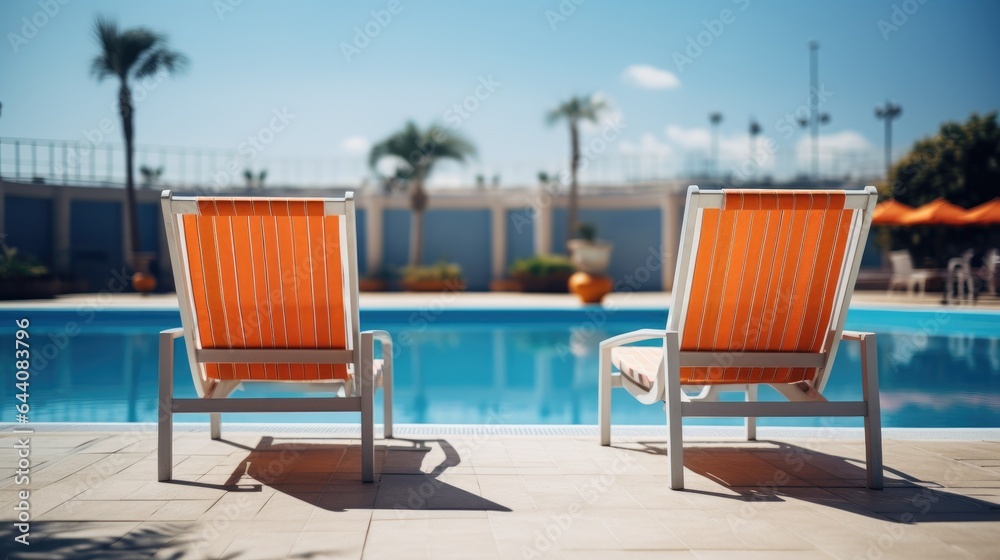 Two empty deck chairs in front of a large pool. Generative AI