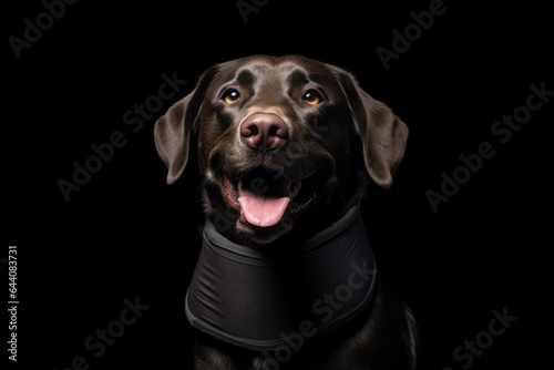 Conceptual portrait photography of a smiling labrador retriever wearing an anxiety wrap against a matte black background. With generative AI technology © Markus Schröder